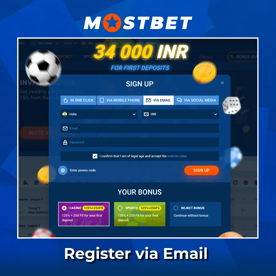 Sign up method by Email on Mostbet India