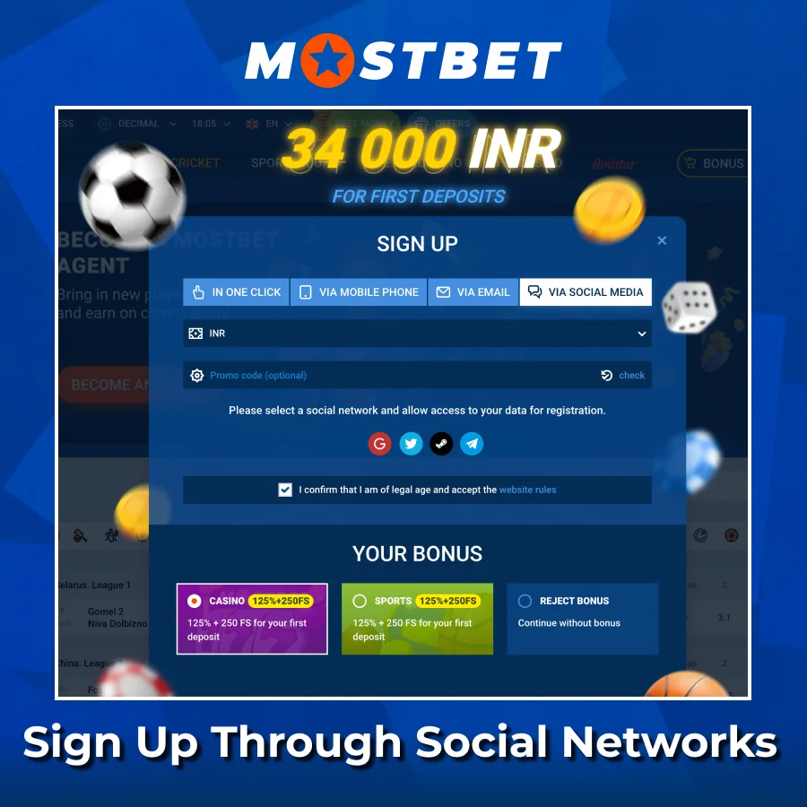Creating account through social networks of Mostbet India