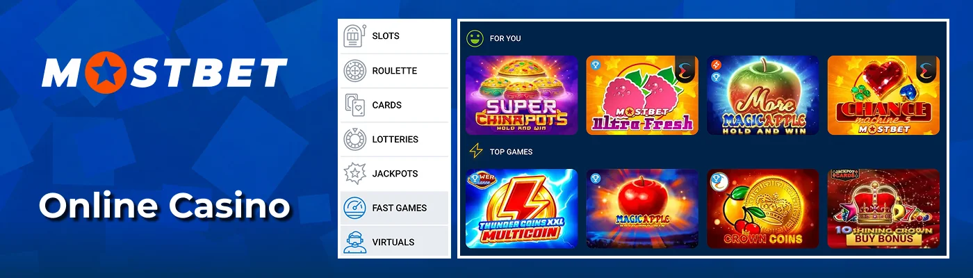 Online casino slots and gaming room at Mostbet India