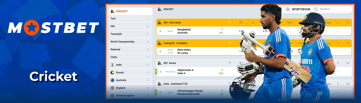 Cricket match betting odds and lines at Mostbet India