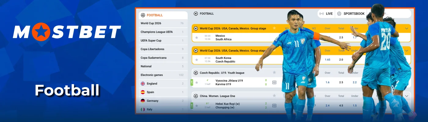 Football betting markets and league matches at Mostbet India