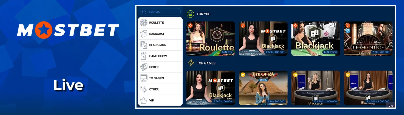 Live casino lobby with real dealers at Mostbet India