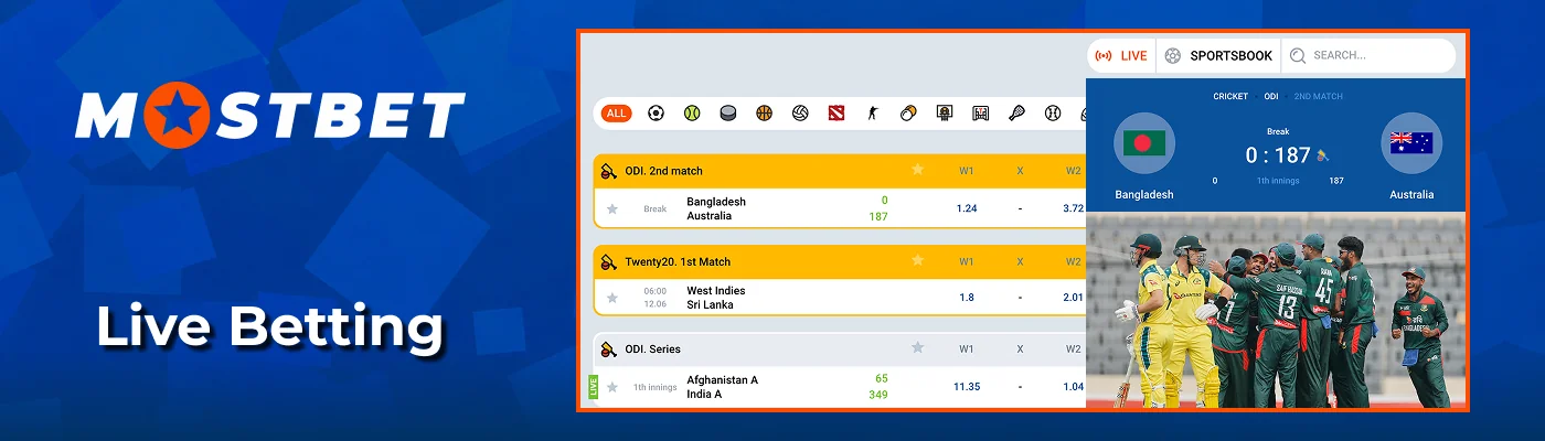 Live in play match betting section at Mostbet India